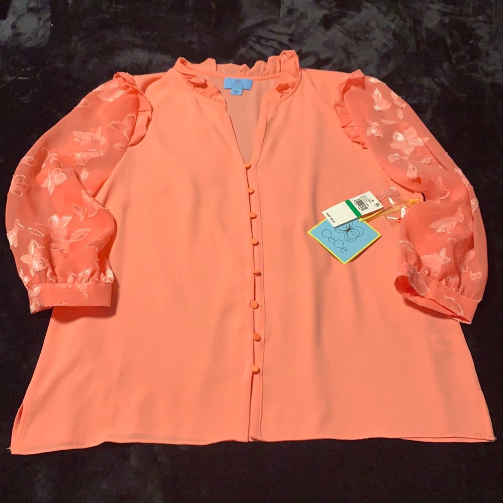 CeCe Coral Blouse with Sheer Sleeves